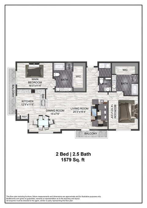 Floor plan for 2 beds, 2.5 baths, 1579 sqft